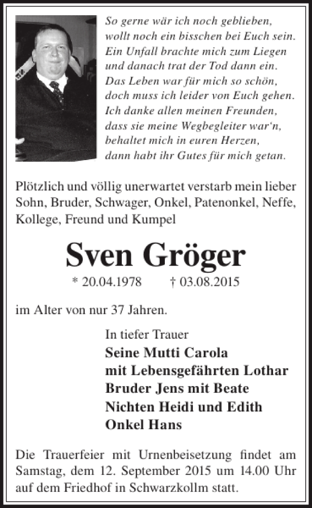  Traueranzeige für Sven Gröger vom 26.08.2015 aus WochenKurier