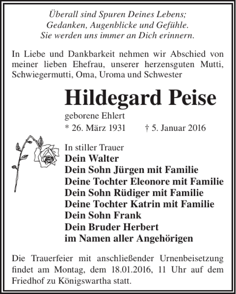  Traueranzeige für Hildegard Peise vom 16.01.2016 aus Wochen Kurier