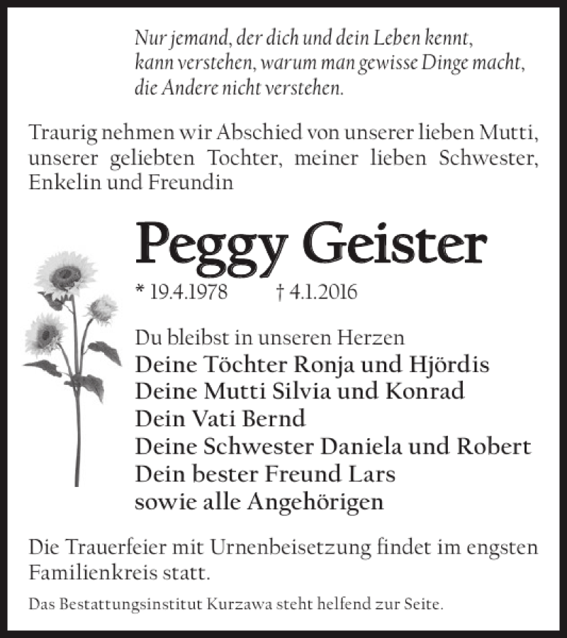  Traueranzeige für Peggy Geister vom 16.01.2016 aus Wochen Kurier