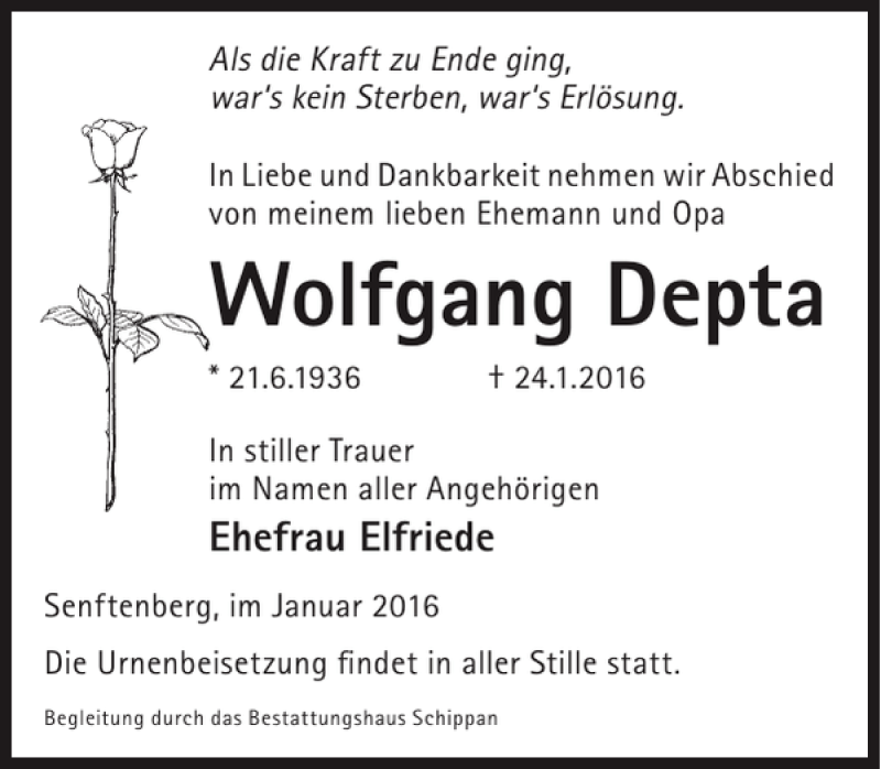  Traueranzeige für Wolfgang Depta vom 27.01.2016 aus WochenKurier