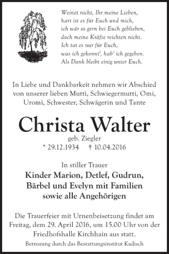  Traueranzeige für Christa Walter vom 22.04.2016 aus WochenKurier