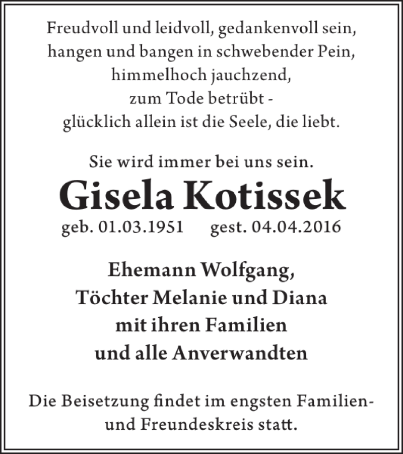  Traueranzeige für Gisela Kotissek vom 09.04.2016 aus WochenKurier