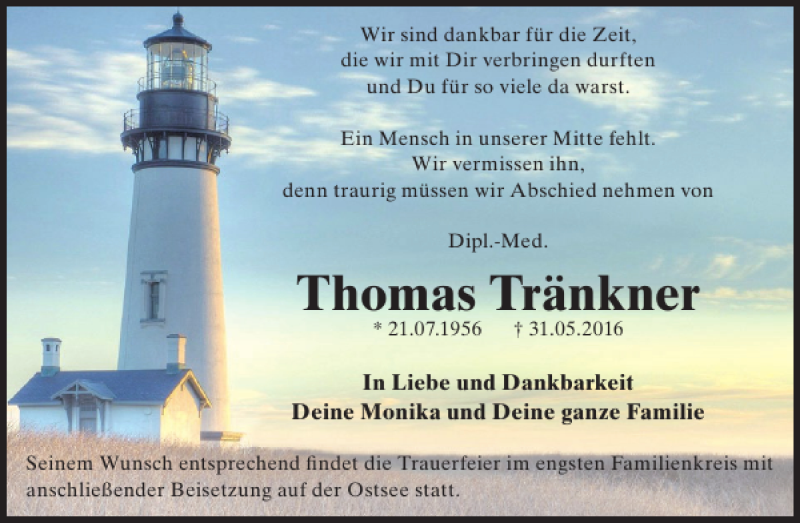  Traueranzeige für Thomas Tränkner vom 11.06.2016 aus WochenKurier