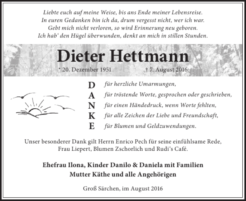  Traueranzeige für Dieter Hettmann vom 27.08.2016 aus Wochen Kurier