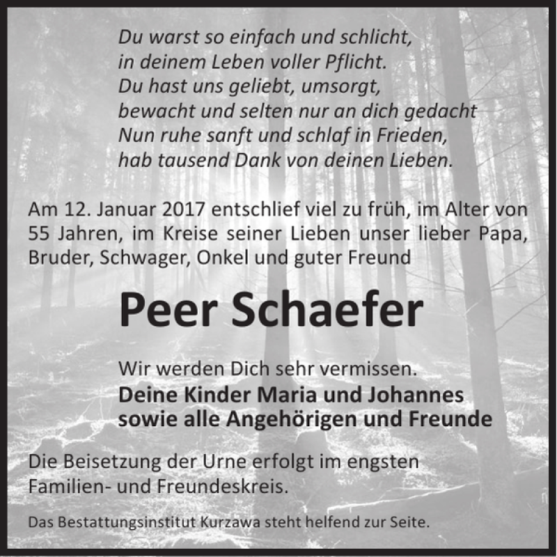  Traueranzeige für Peer Schaefer vom 20.01.2017 aus WochenKurier