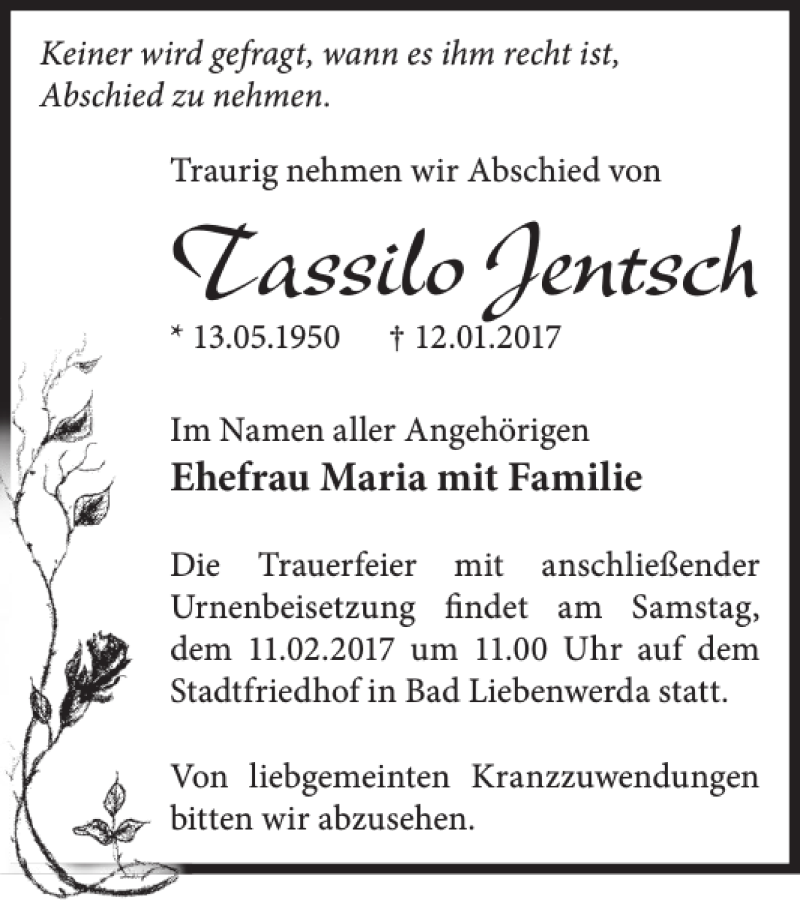  Traueranzeige für Tassilo Jentsch vom 27.01.2017 aus Wochen Kurier