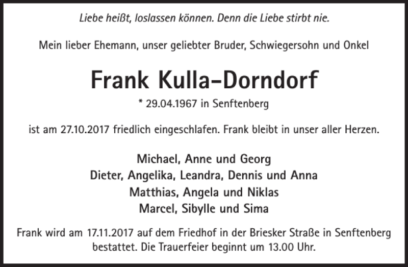  Traueranzeige für Frank Kulla-Dorndorf vom 10.11.2017 aus Wochen Kurier