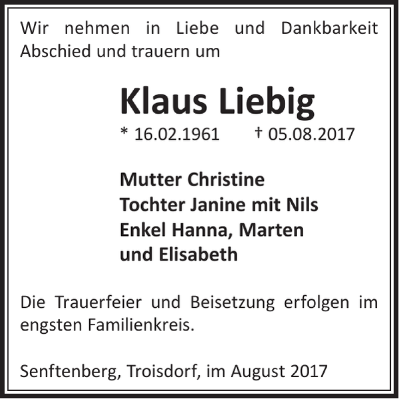  Traueranzeige für Klaus Liebig vom 11.08.2017 aus WochenKurier