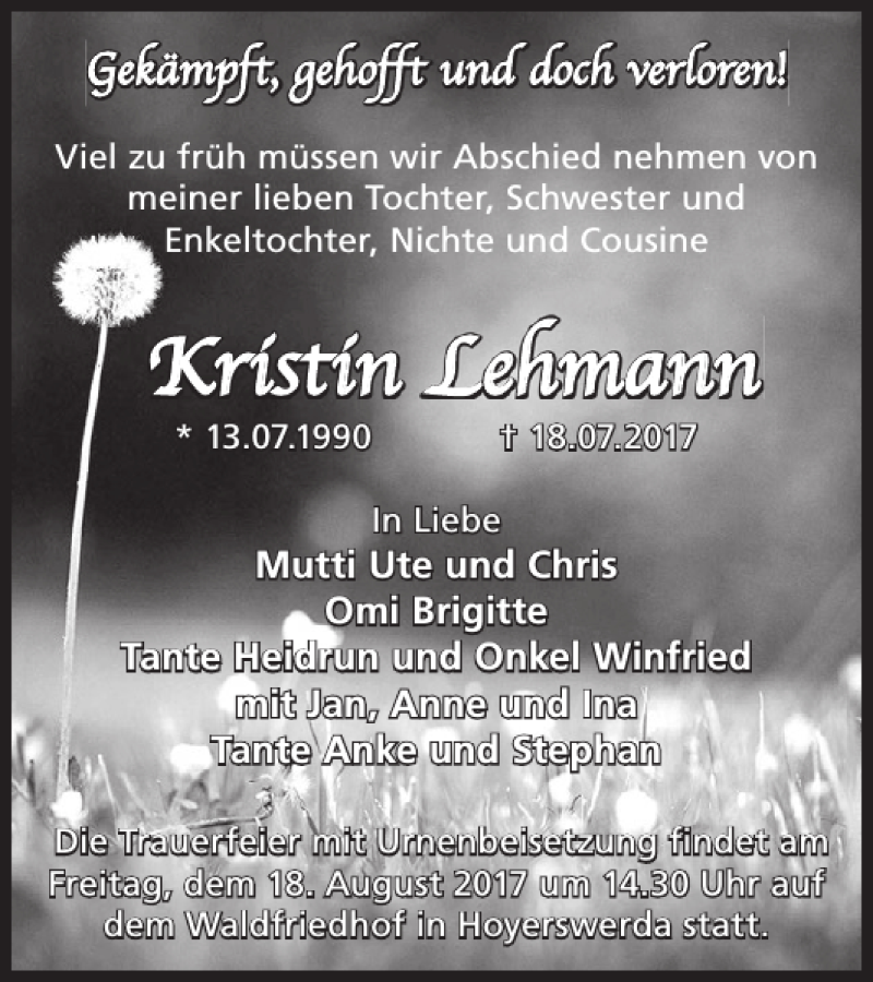  Traueranzeige für Kristin Lehmann vom 05.08.2017 aus WochenKurier