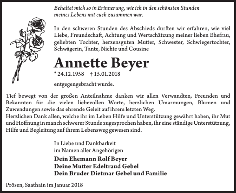  Traueranzeige für Annette Beyer vom 02.02.2018 aus Wochen Kurier