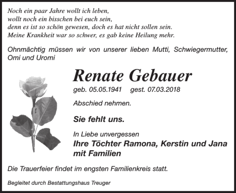 Traueranzeige für Renate Gebauer vom 16.03.2018 aus Wochen Kurier