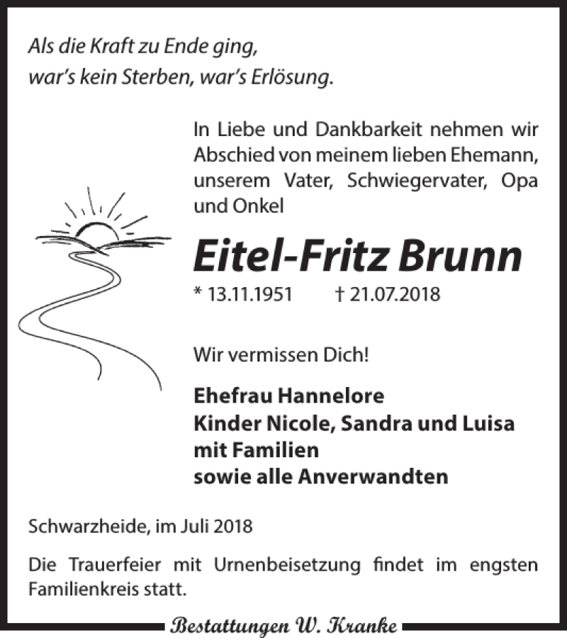  Traueranzeige für Eitel-Fritz Brunn vom 27.07.2018 aus Wochen Kurier