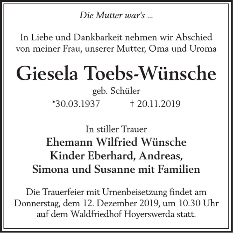  Traueranzeige für Giesela Toebs-Wünsche vom 30.11.2019 aus Wochen Kurier