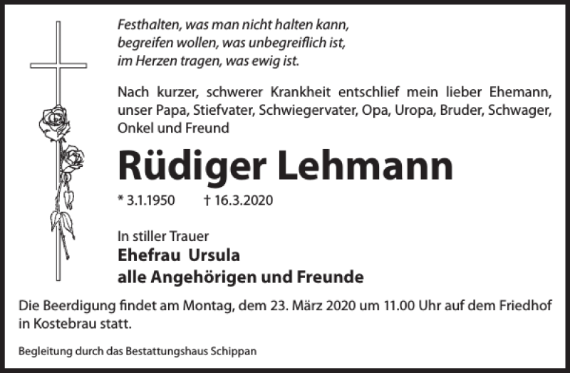  Traueranzeige für Rüdiger Lehmann vom 20.03.2020 aus WochenKurier