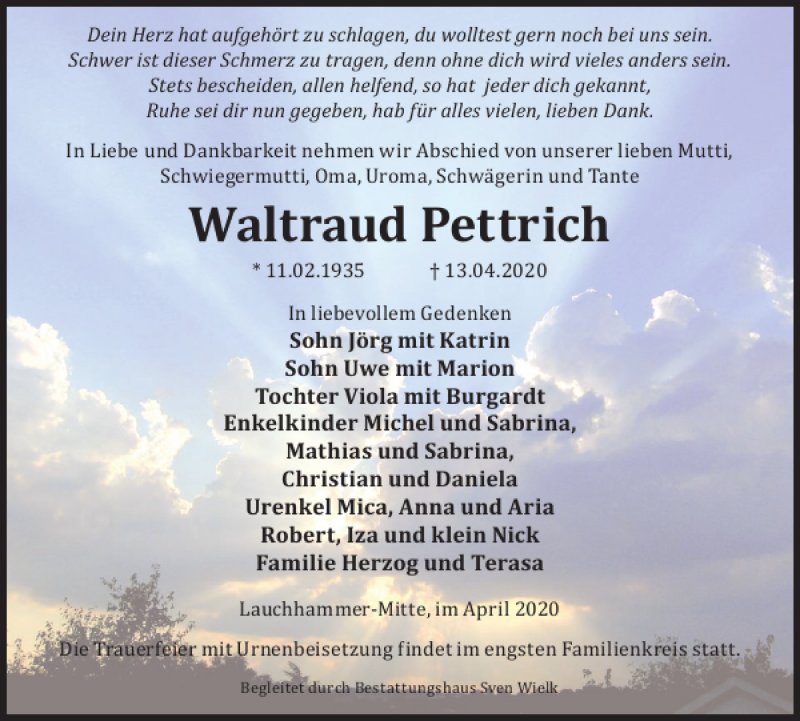 Traueranzeige für Waltraud Pettrich vom 24.04.2020 aus Wochen Kurier