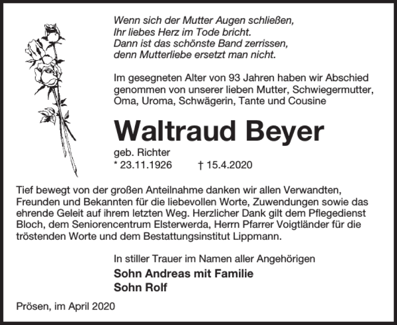  Traueranzeige für Waltraud Beyer vom 08.05.2020 aus Wochen Kurier