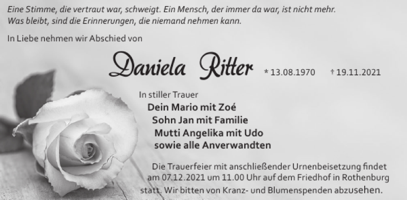  Traueranzeige für Daniela Ritter vom 04.12.2021 aus Wochen Kurier