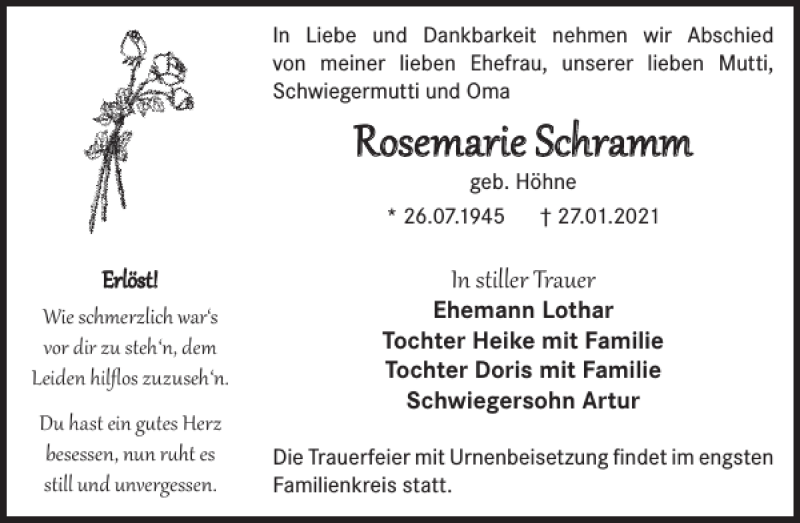  Traueranzeige für Rosemarie Schramm vom 06.02.2021 aus Wochen Kurier