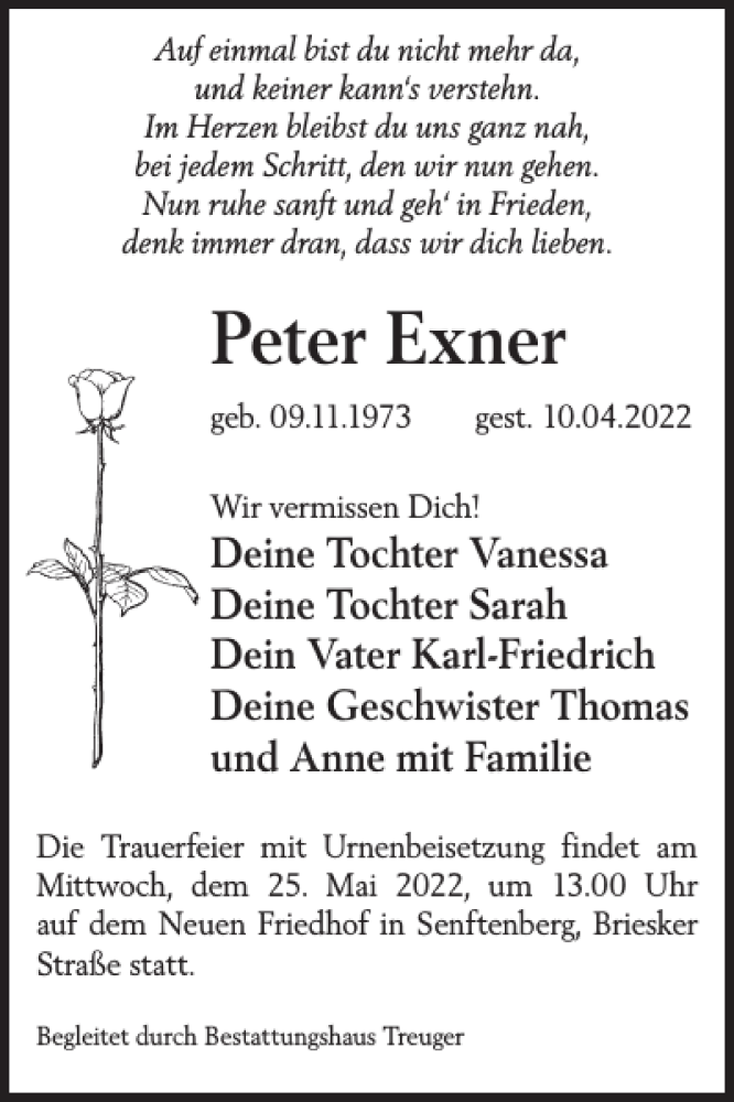  Traueranzeige für Peter Exner vom 11.05.2022 aus Wochen Kurier