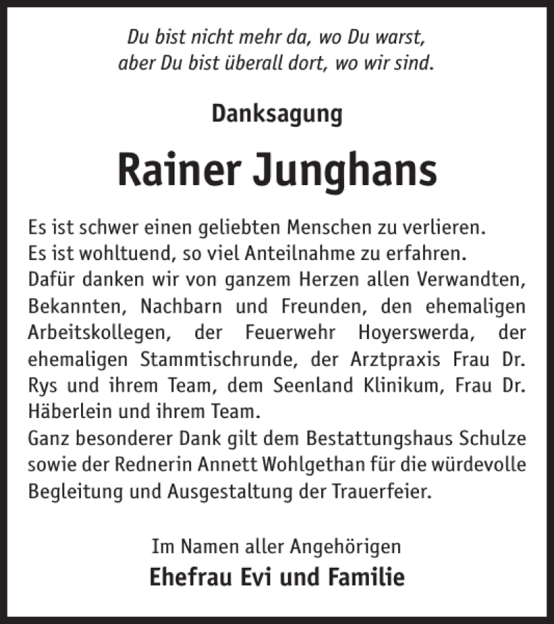 Traueranzeigen von Rainer Junghans WochenKurier Trauer