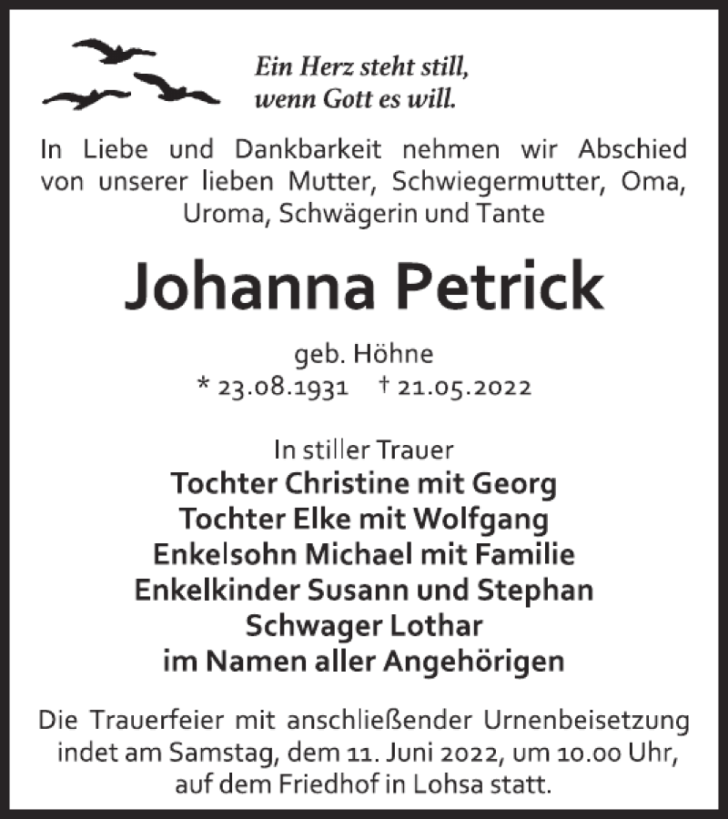  Traueranzeige für Johanna Petrick vom 04.06.2022 aus Wochen Kurier