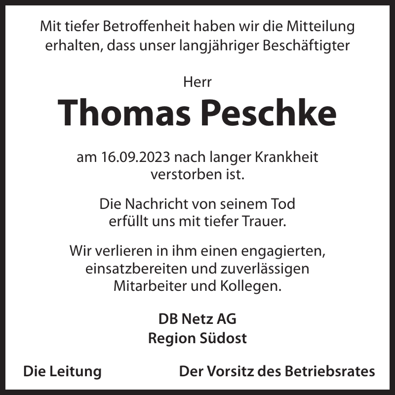 Traueranzeigen von Thomas Peschke | WochenKurier Trauer