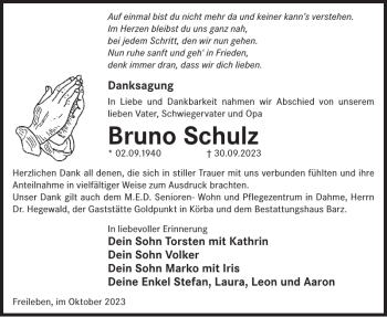 Traueranzeige von Bruno Schulz von Wochen Kurier
