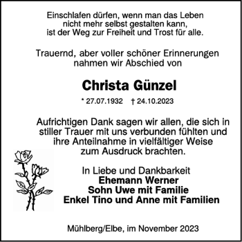Traueranzeige von Christa Günzel von Wochen Kurier