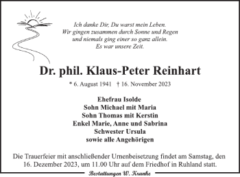 Traueranzeige von Dr. phil. Klaus-Peter Reinhart von Wochen Kurier