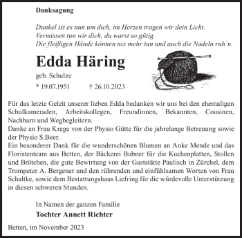 Traueranzeige von Edda Häring von Wochen Kurier