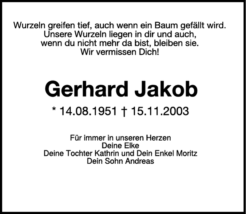  Traueranzeige für Gerhard Jakob vom 15.11.2023 aus Wochen Kurier