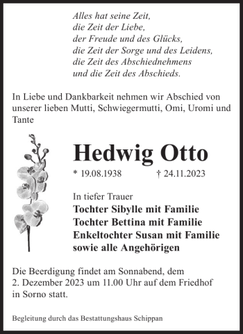 Traueranzeige von Hedwig Otto von Wochen Kurier