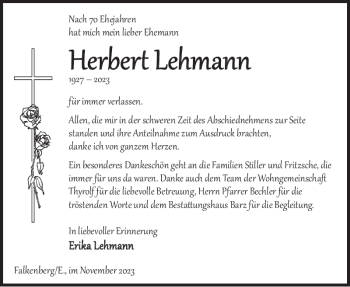 Traueranzeige von Herbert Lehmann von Wochen Kurier