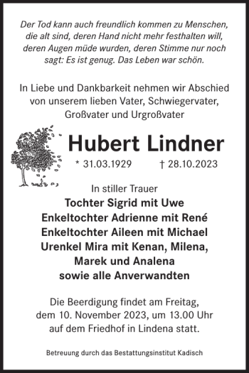 Traueranzeige von Hubert Lindner von Wochen Kurier