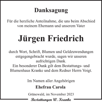 Traueranzeige von Jürgen Friedrich von Wochen Kurier
