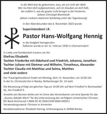 Traueranzeige von Pastor Hans-Wolfgang Hennig von Wochen Kurier