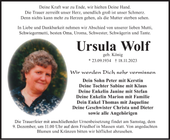 Traueranzeige von Ursula Wolf von Wochen Kurier