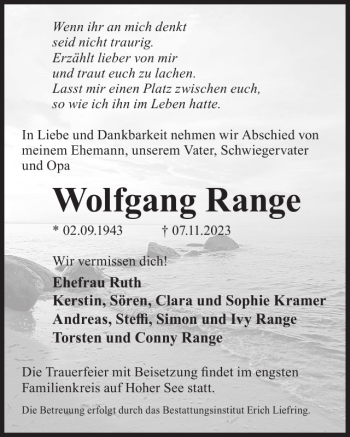Traueranzeige von Wolfgang Range von Wochen Kurier