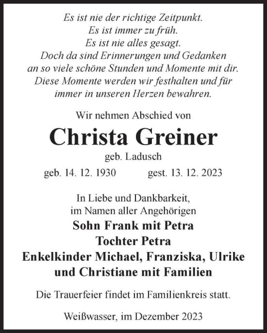 Traueranzeige von Christa Greiner von WochenKurier