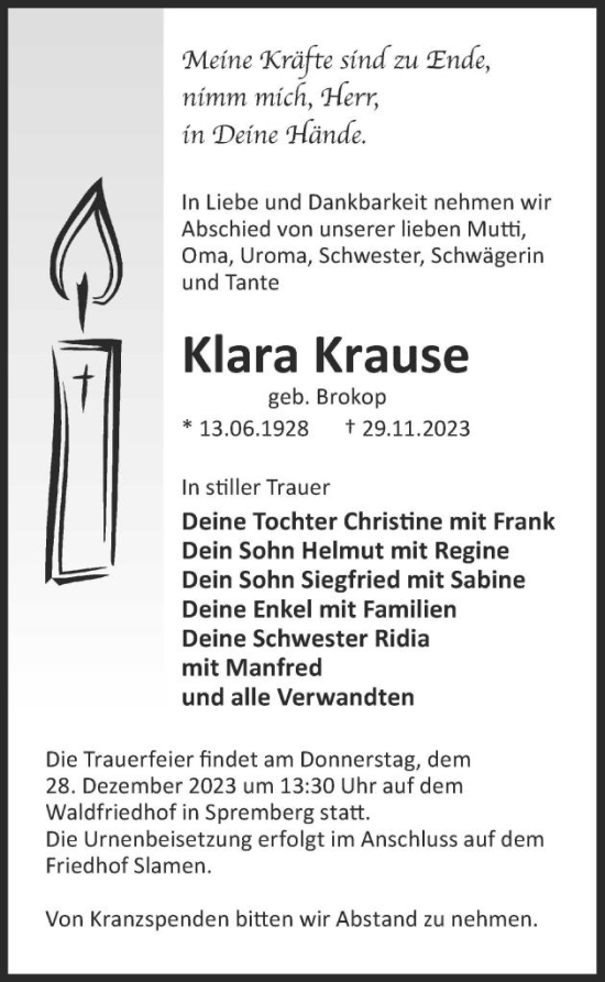 Traueranzeige von Klara Krause von WochenKurier