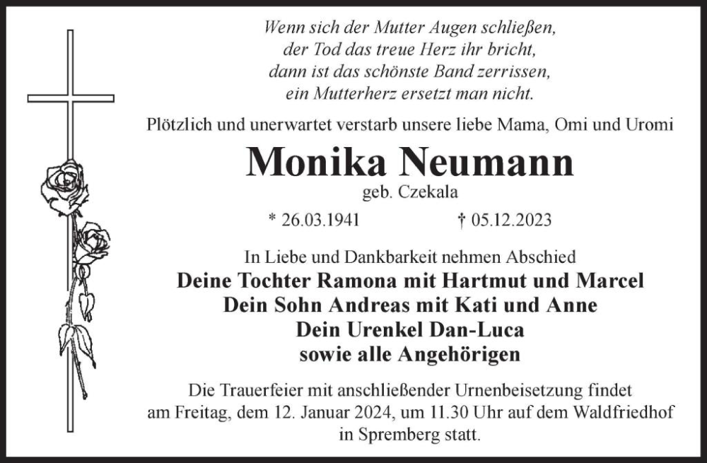  Traueranzeige für Monika Neumann vom 27.12.2023 aus WochenKurier