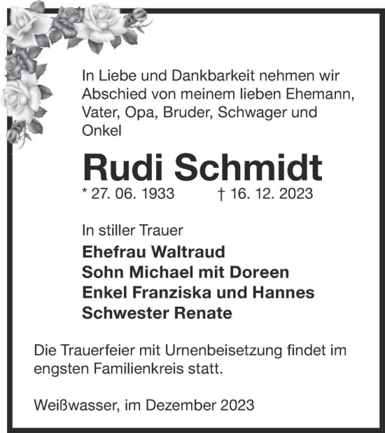 Traueranzeige von Rudi Schmidt von WochenKurier