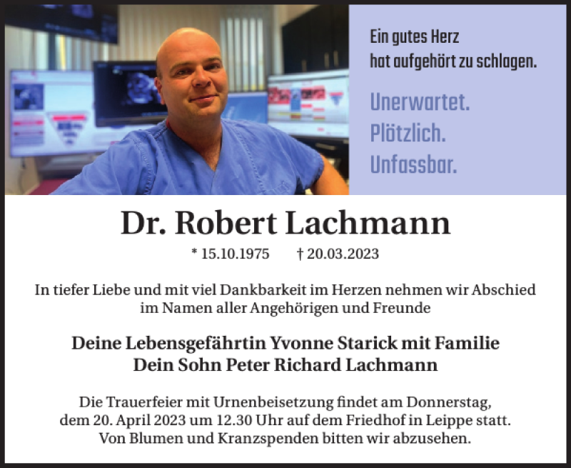  Traueranzeige für Dr. Robert Lachmann vom 08.04.2023 aus Wochen Kurier