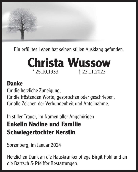 Traueranzeige von Christa Wussow von WochenKurier