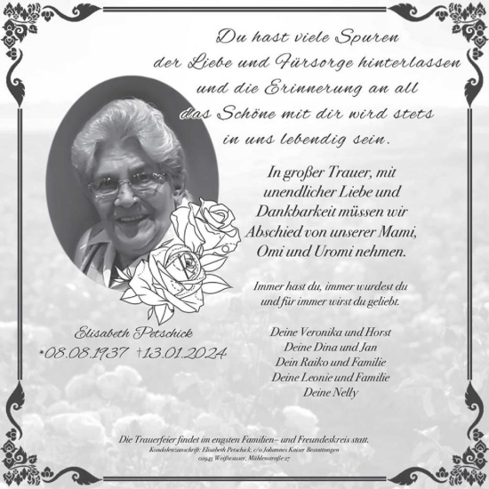 Traueranzeige von Elisabeth Petschick von WochenKurier