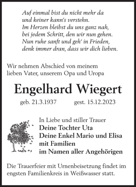 Traueranzeige von Engelhard Wiegen von WochenKurier