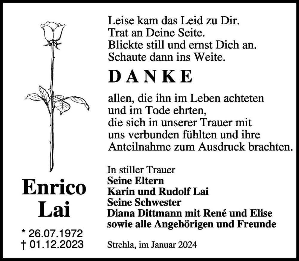  Traueranzeige für Enrico Lai vom 20.01.2024 aus WochenKurier