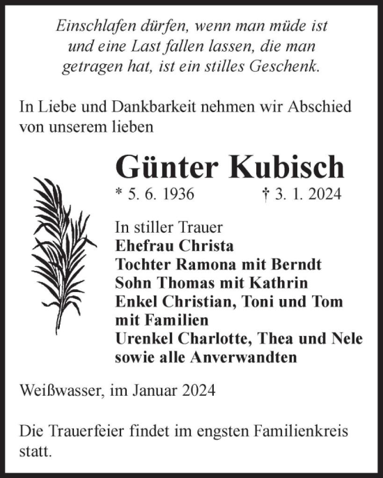 Traueranzeige von Günter Kubisch von WochenKurier