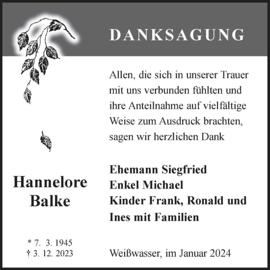 Traueranzeige von Hannelore Balke von WochenKurier