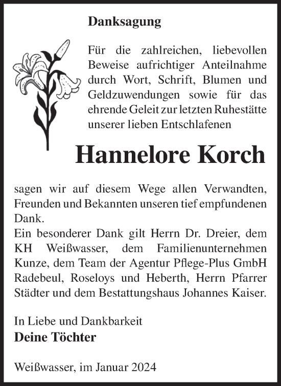 Traueranzeige von Hannelore Korch von WochenKurier